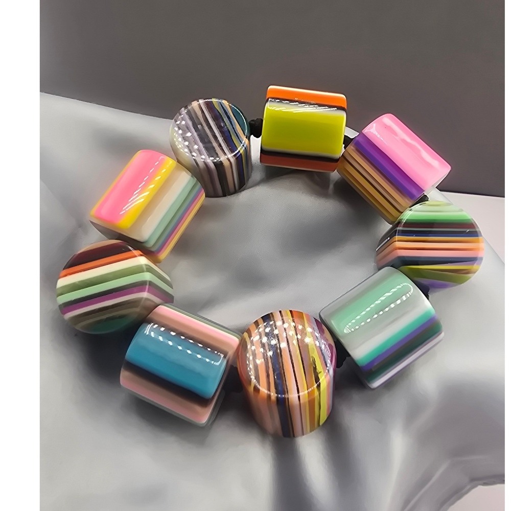 Chunky Estate Bracelet Rainbow Striped Resin Stretch Geometric 7.5in